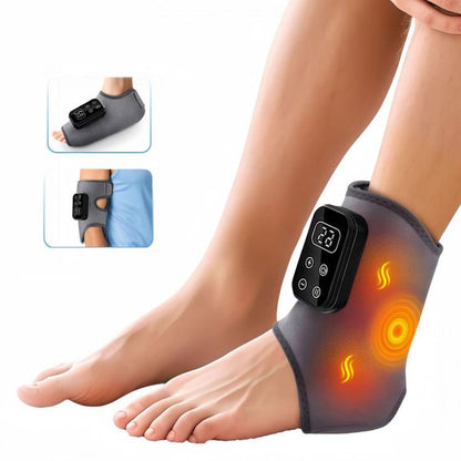 Gray heated ankle brace with controller on side, showing warm heat glow