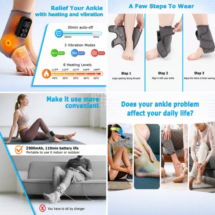 Heated ankle brace with vibrating controller attached to gray strap