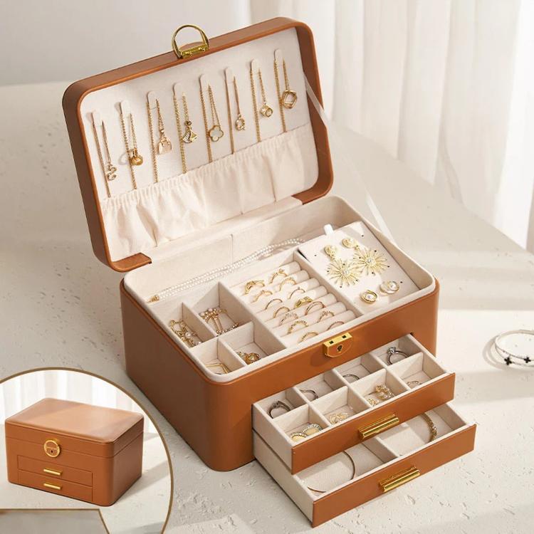 3-Tier Lockable Leather Jewelry Box with 2 Drawers, 8 Necklace Hooks, Stud Plate & Removable Dividers