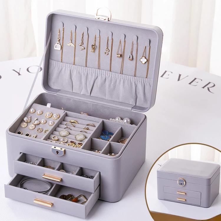 3-Tier Lockable Leather Jewelry Box with 2 Drawers, 8 Necklace Hooks, Stud Plate & Removable Dividers