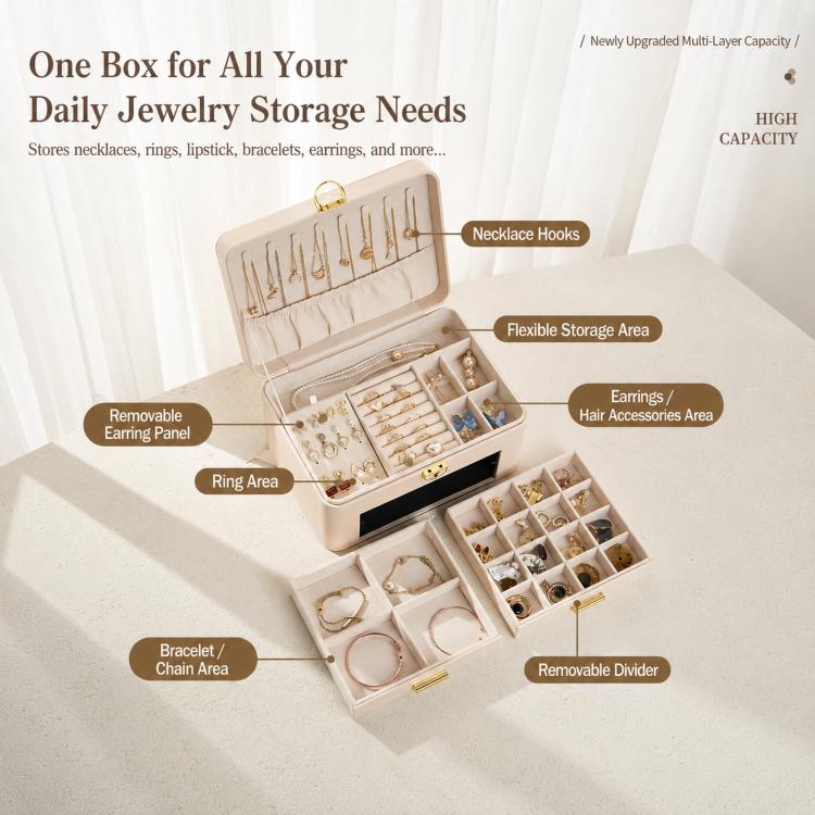 3-Tier Lockable Leather Jewelry Box with 2 Drawers, 8 Necklace Hooks, Stud Plate & Removable Dividers