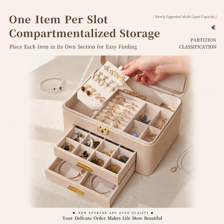 3-Tier Lockable Leather Jewelry Box with 2 Drawers, 8 Necklace Hooks, Stud Plate & Removable Dividers