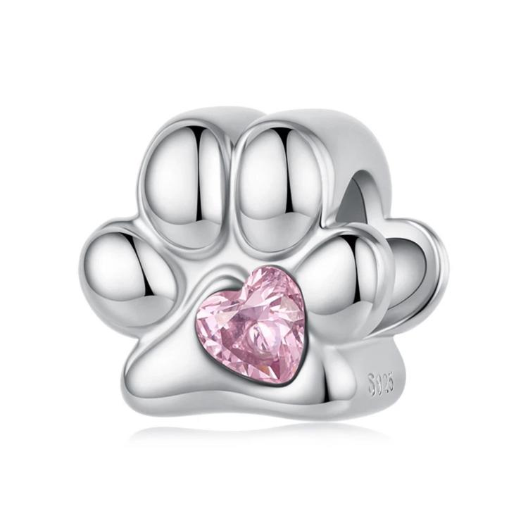 Sterling silver paw-print bead charm with pink crystal heart center