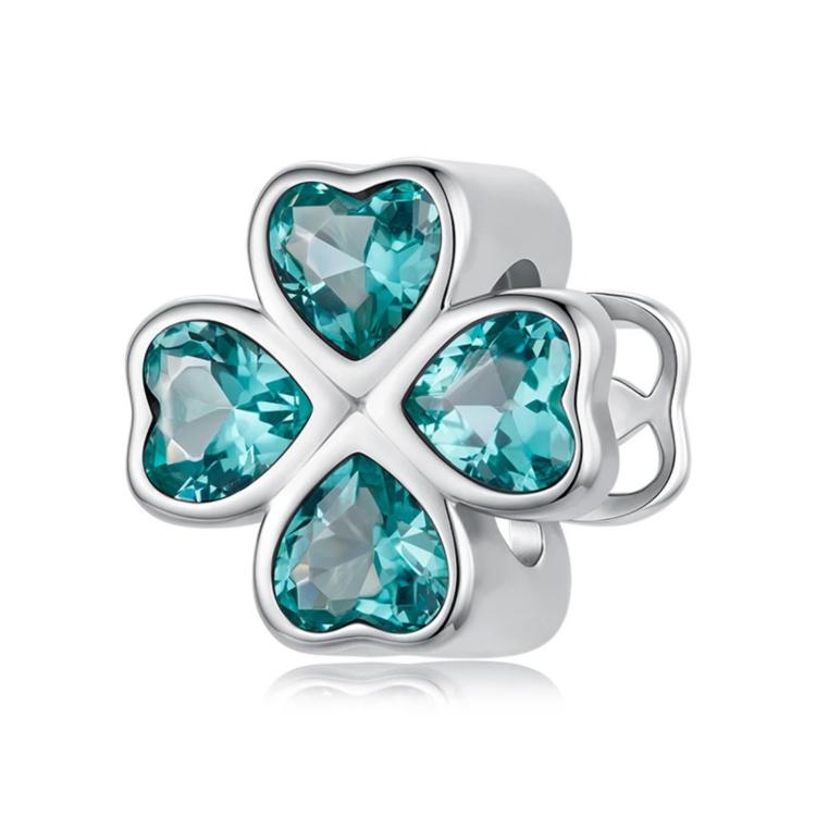 Sterling silver four-leaf clover bead charm with teal heart-shaped crystals