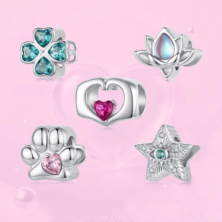 Crystal charm set: turquoise clover, pink heart, lotus, star, and paw bead charms