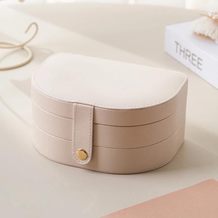 Cream white shell-shaped 3-tier jewelry box with flip-top lid and gold-tone clasp