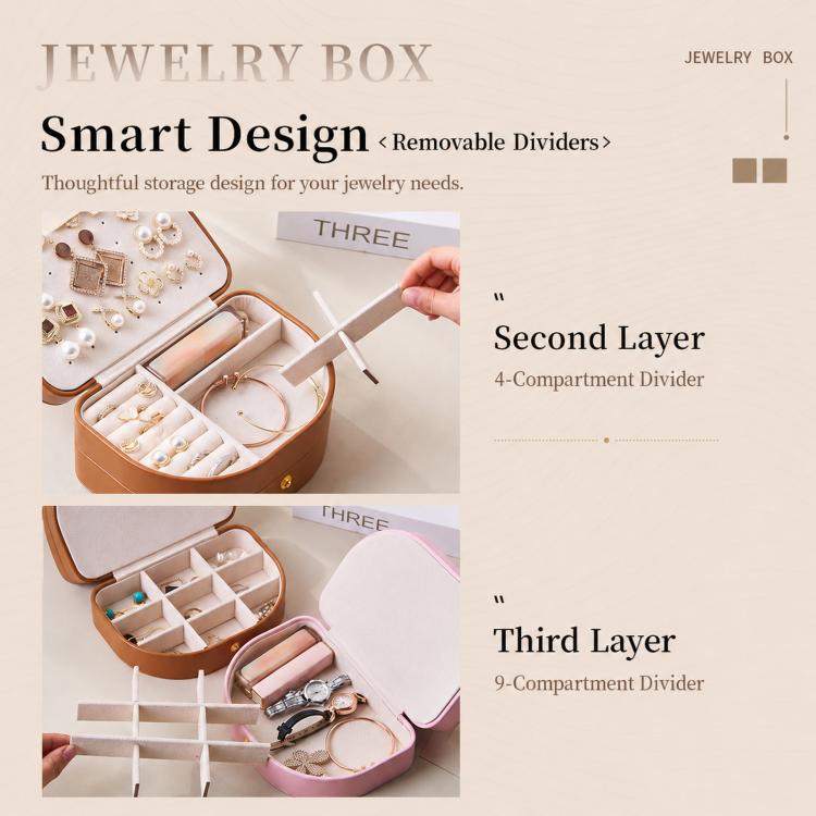 Brown shell jewelry box with removable dividers, shown open with compartment layout