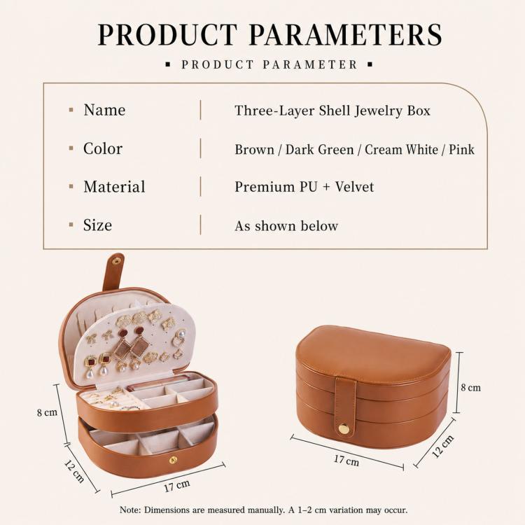 Brown three-layer shell jewelry box with PU exterior and gold-tone front clasp