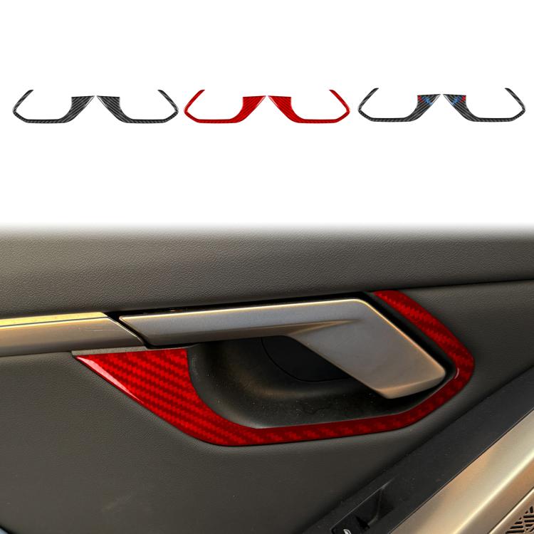 Rear door handle frame sticker set applied on a car door panel, red carbon-fiber trim.