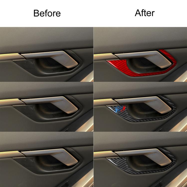 Rear door handle frame stickers shown before and after installation, red carbon-fiber trim.