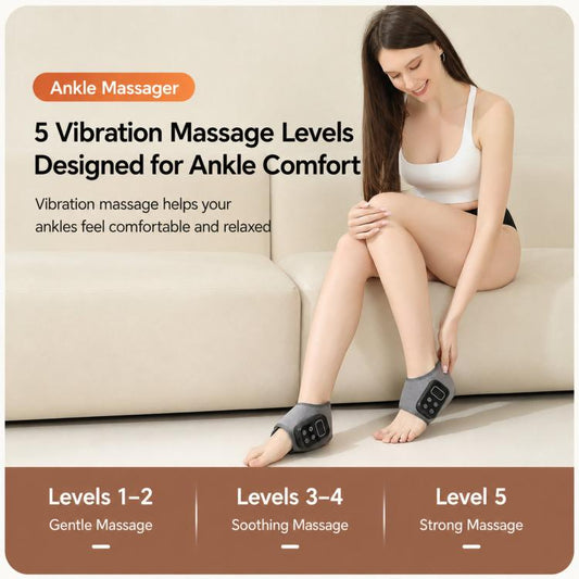 Gray ankle heating pad with vibration massager on an open-heel brace