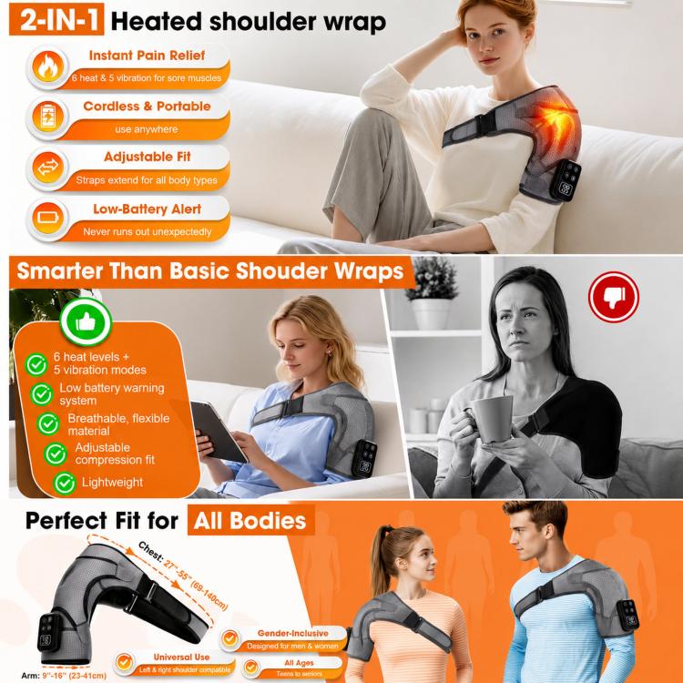 Heated Shoulder Brace Massager Cordless Heating Pad With 5 Vibration Levels