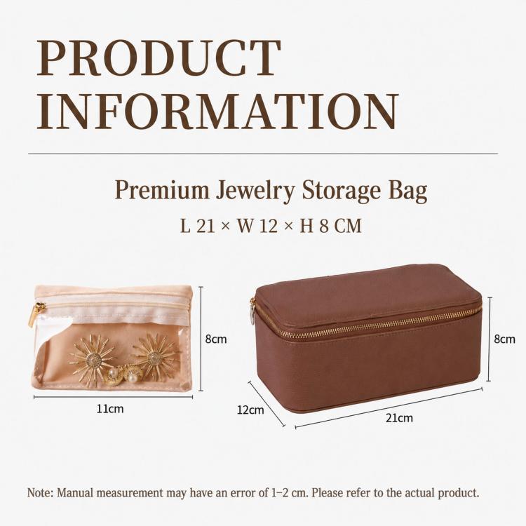 PU jewelry storage bags set in brown and a clear zip pouch with gold zipper