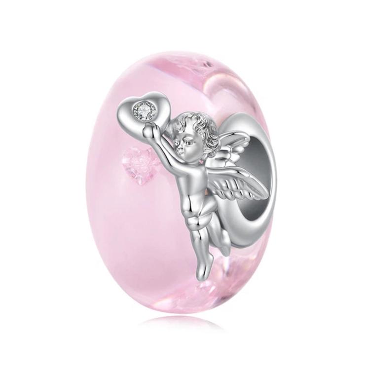 Pink glass bead charm with silver angel figure and small heart accent