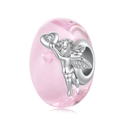 Pink glass bead charm with silver angel figure and small heart accent