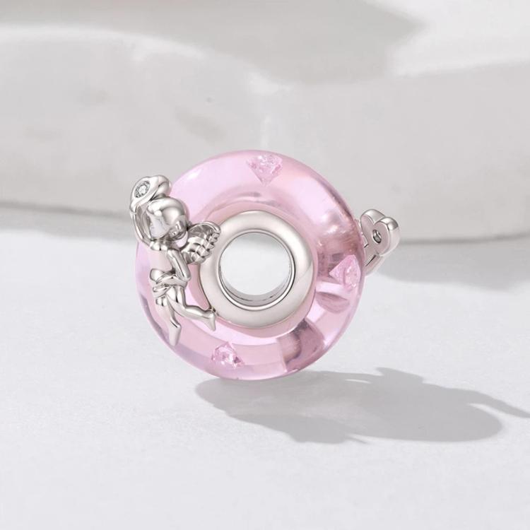 Pink glass DIY bead with silver angel charm and circular center hole