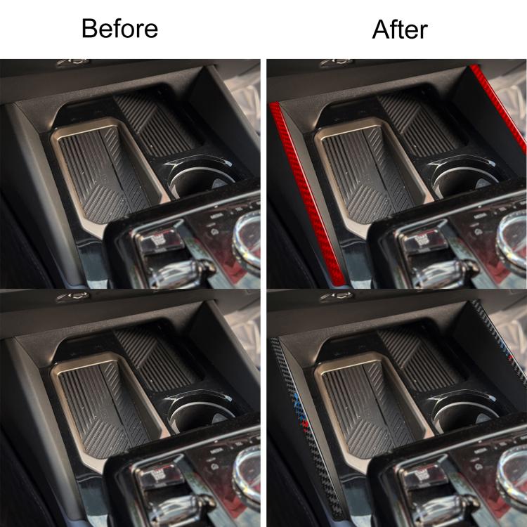 Red center console decorative trim strips installed along side walls