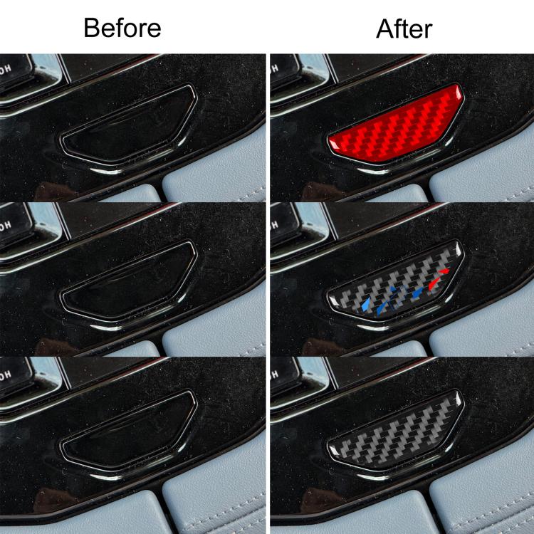 Installed carbon-fiber switch trim sticker with red weave on center console