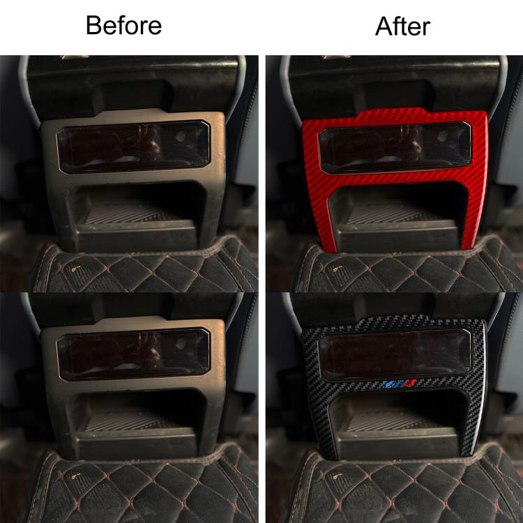 Rear air outlet lower decorative sticker installed, red carbon-fiber frame around vents.
