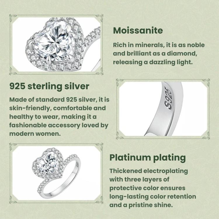 Moissanite and 925 sterling silver ring info card with heart-shaped stone illustration
