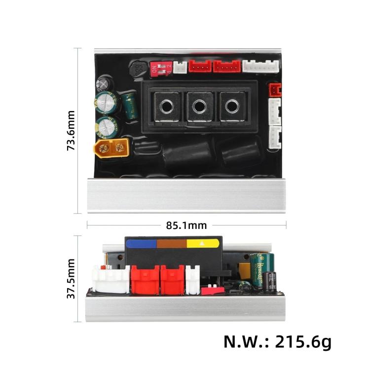 Controller circuit board with three black power sockets and red switch