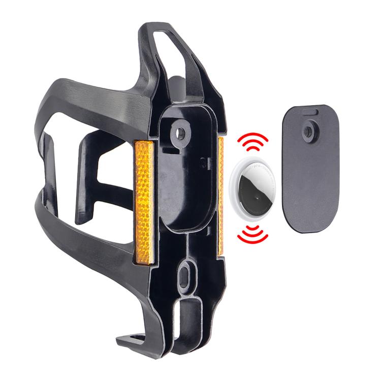 Black bike water bottle cage with hidden tracker holder and reflective strip insert