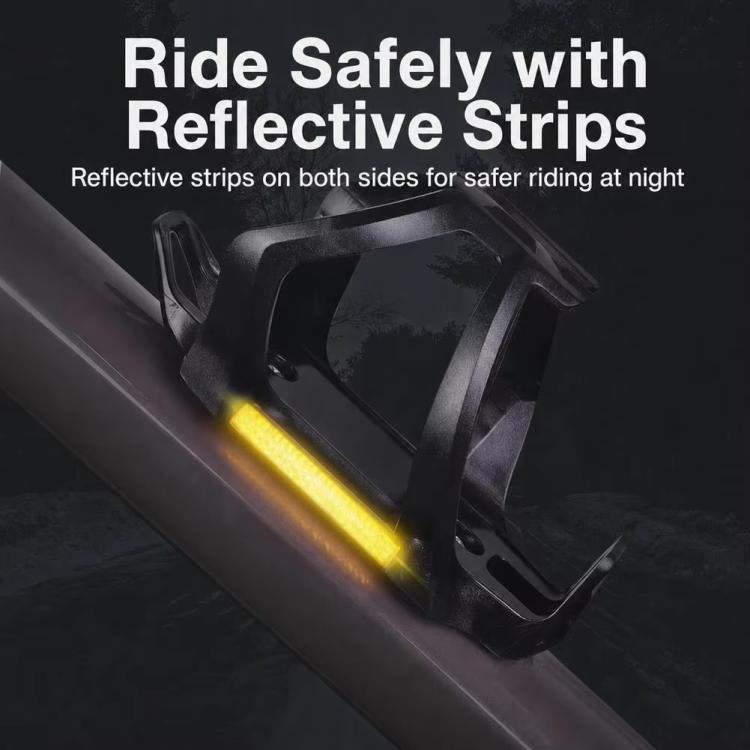 Bike water bottle cage with yellow reflective strips on both sides for night rides