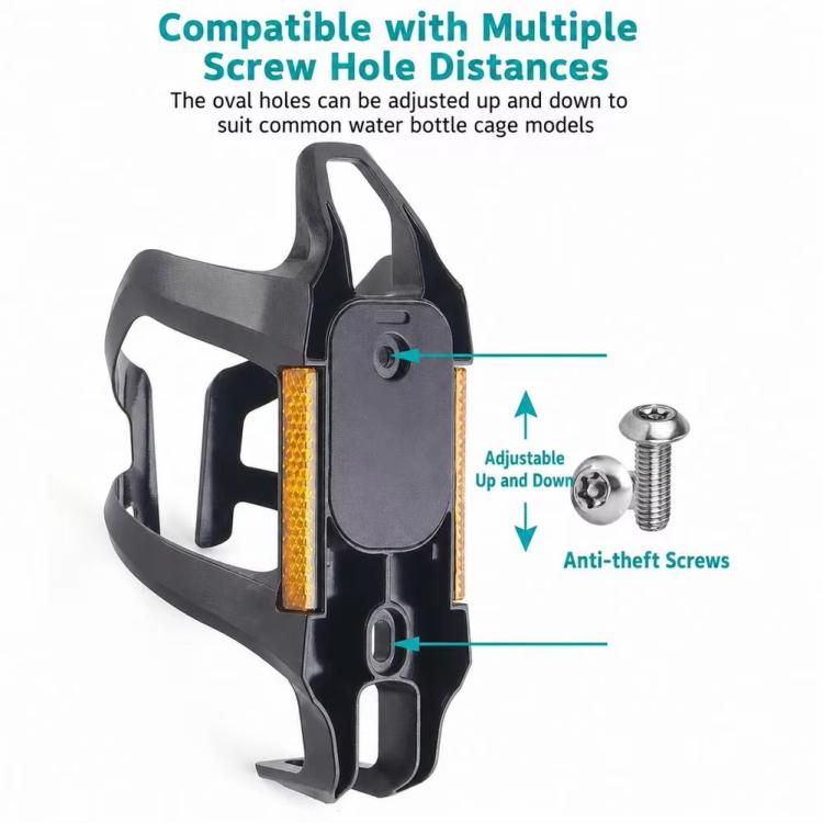 Black bike water bottle cage with adjustable tracker cover and anti-theft screw mount