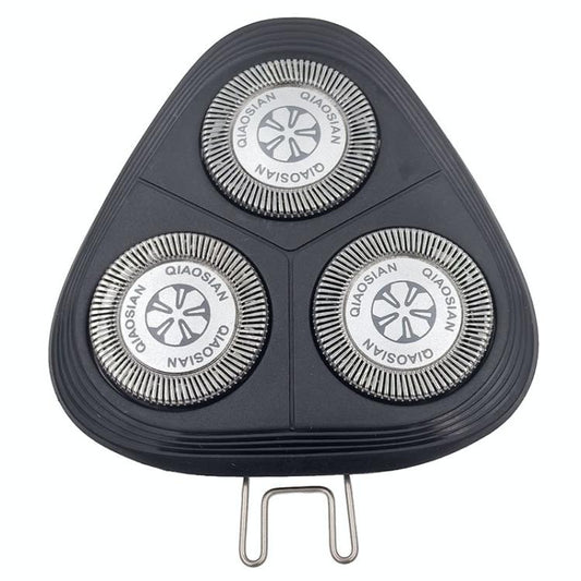 Tri-blade electric shaver head assembly with three circular cutters and metal lift tabs