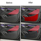 Front door anti-kick stickers installed on car door panel, red and carbon-fiber look