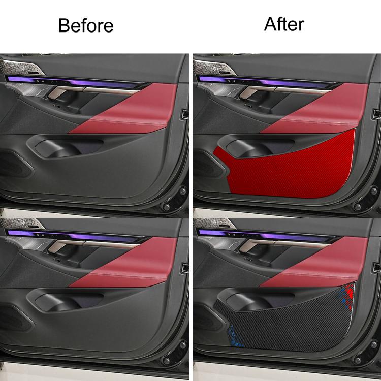 Front door anti-kick stickers installed on car door panel, red and carbon-fiber look