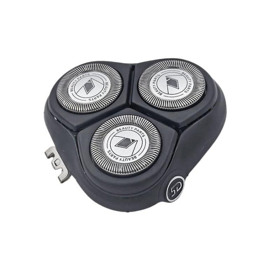 Tri-rotor replacement shaver head assembly with three silver foil cutters, black body.