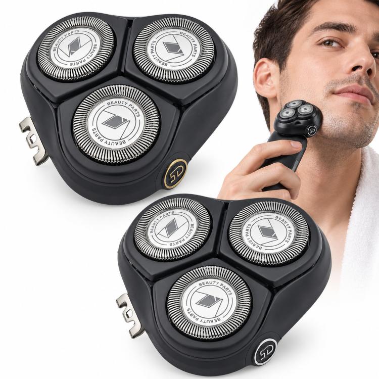 Black tri-rotor shaver head assembly with three silver cutting foils and side clip.