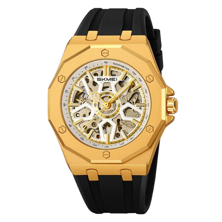 Men's skeleton automatic watch, gold case with black silicone strap, exposed movement dial