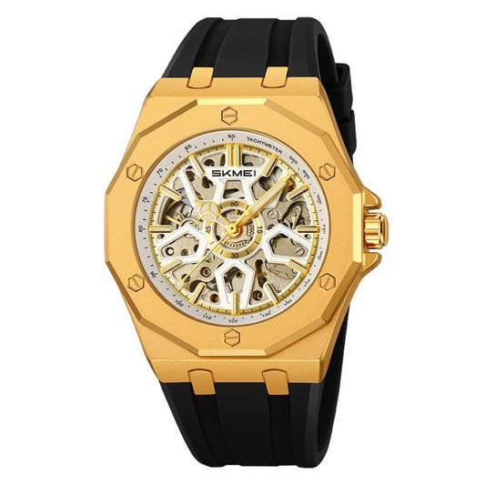 Men's skeleton automatic watch, gold case with black silicone strap, exposed movement dial