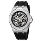 Men's skeleton automatic watch, silver case with black silicone strap, exposed movement dial