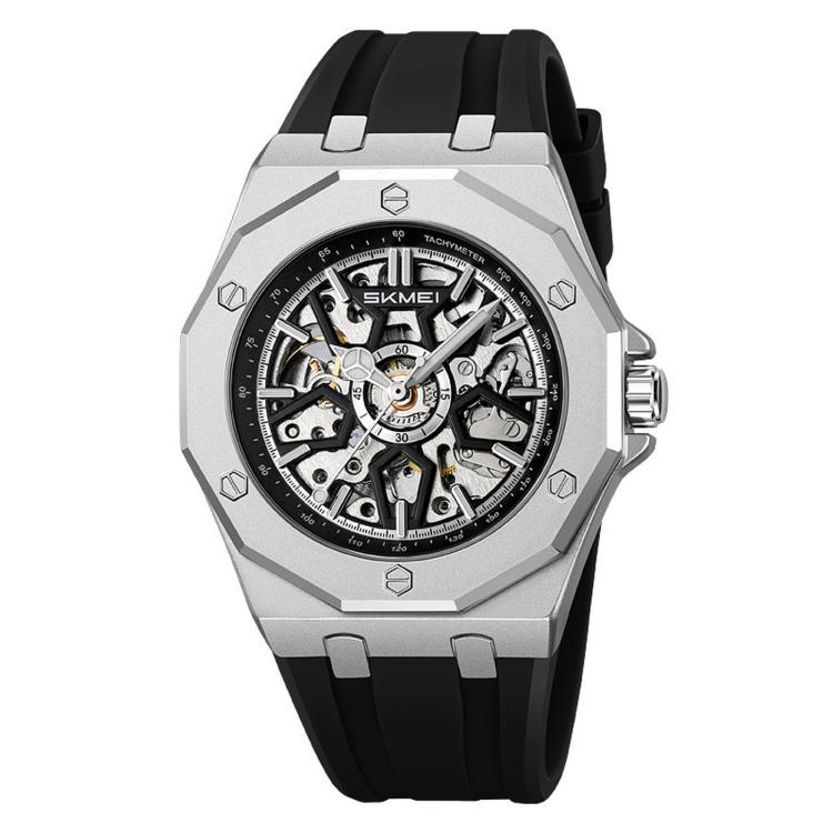 Men's skeleton automatic watch, silver case with black silicone strap, exposed movement dial