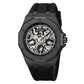 Men's skeleton automatic watch, black case with black silicone strap, skeleton dial