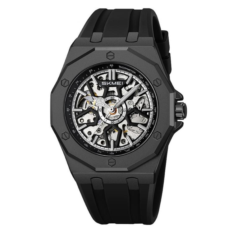 Men's skeleton automatic watch, black case with black silicone strap, skeleton dial