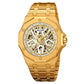 Men's skeleton automatic watch, gold case with gold metal bracelet, exposed movement dial