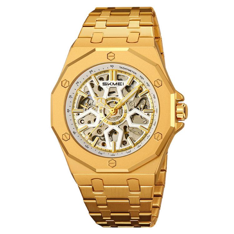 Men's skeleton automatic watch, gold case with gold metal bracelet, exposed movement dial
