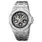 Men's skeleton automatic watch, silver case with silver metal bracelet, exposed movement dial