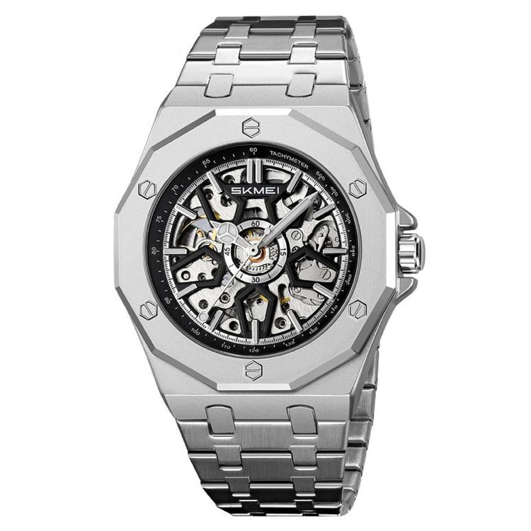 Men's skeleton automatic watch, silver case with silver metal bracelet, exposed movement dial