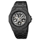 Men's skeleton automatic watch, black case with black metal bracelet, skeleton dial