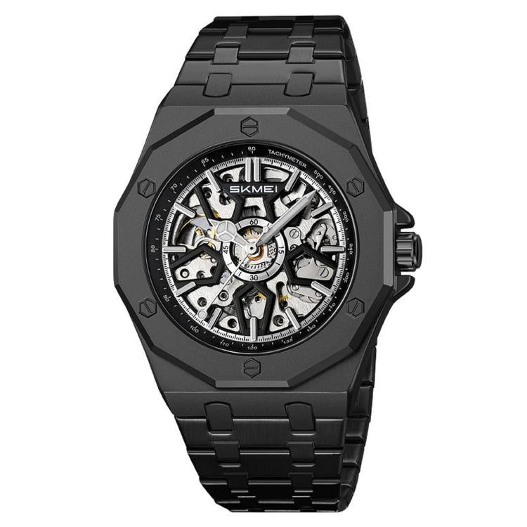 Men's skeleton automatic watch, black case with black metal bracelet, skeleton dial