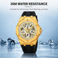 Men's skeleton automatic watch, gold case with black silicone strap, exposed movement dial