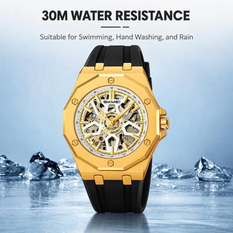 Men's skeleton automatic watch, gold case with black silicone strap, exposed movement dial