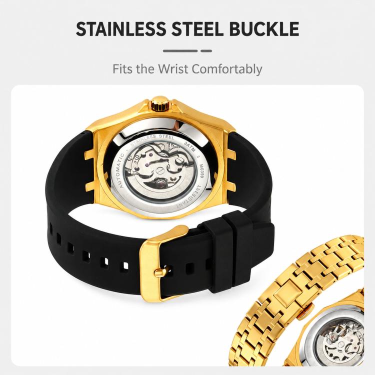 Men's watch close-up: gold caseback with black silicone strap buckle, silver skeleton dial