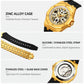 Gold skeleton dial wristwatch with black strap and open mechanical movement, gold case