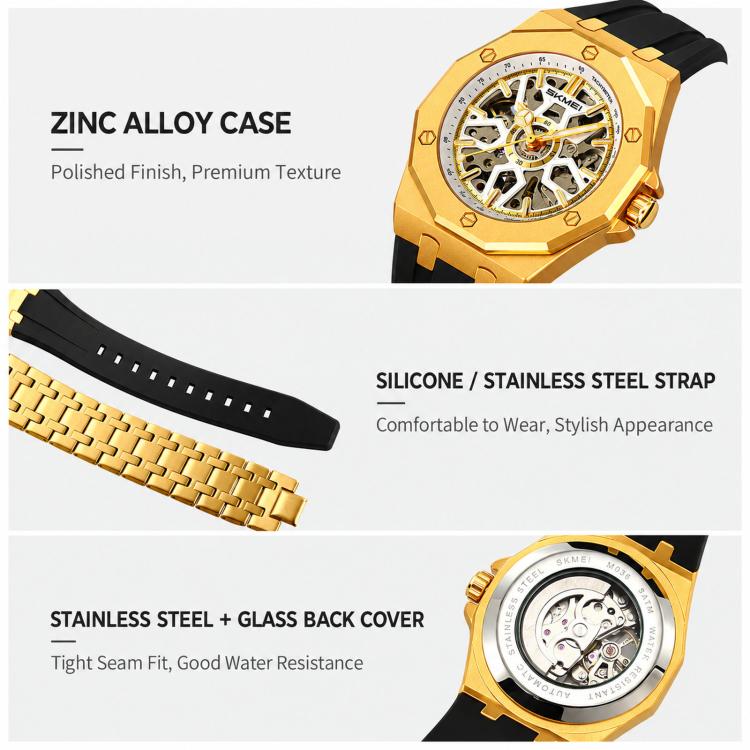 Gold skeleton dial wristwatch with black strap and open mechanical movement, gold case